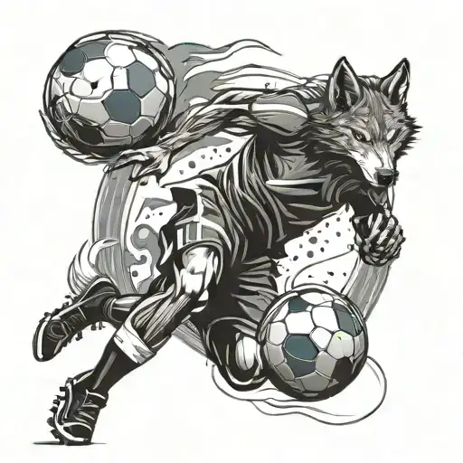A dynamic soccer player kicking a ball with a fierce wolf running alongside them tattoo design idea