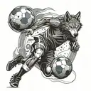 A dynamic soccer player kicking a ball with a fierce wolf running alongside them tattoo design idea