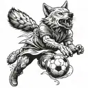 A dynamic soccer player kicking a ball with a fierce wolf running alongside them tattoo design idea