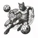 A dynamic soccer player kicking a ball with a fierce wolf running alongside them tattoo design idea