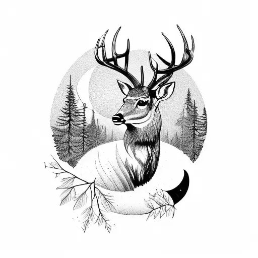 Nature, deer, forest, moon, light, 3 dates  tattoo design idea