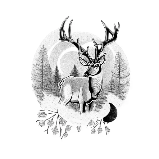Nature, deer, forest, moon, light  tattoo design idea
