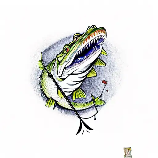 fishing rod with the reel as the Florida gators logo catching a Busch light beer tattoo design idea