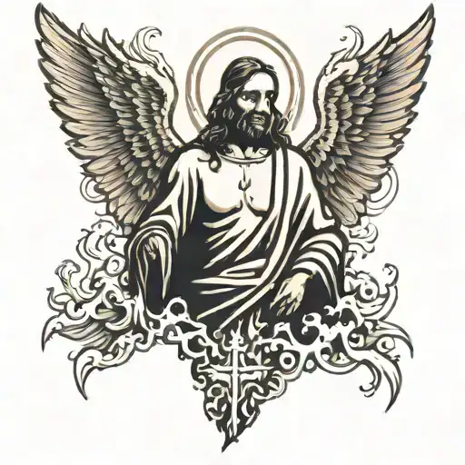 Jesus silhouette in front of fire with angel wings    tattoo design idea