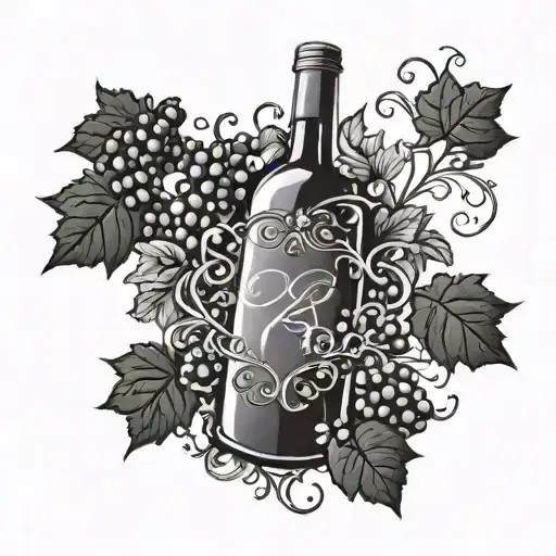 A minimalist design of a heart-shaped wine bottle label with the initials of the client and their best friend, surrounded by grape vines tattoo design idea