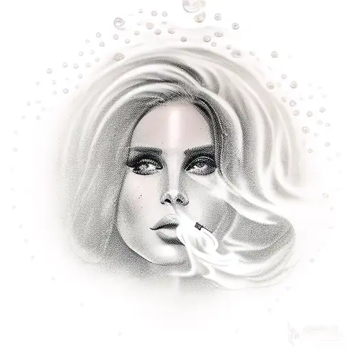 An elegant sculpture of Lana Del Rey emerging from a cigarette smoke cloud, with water droplets falling around her tattoo design idea