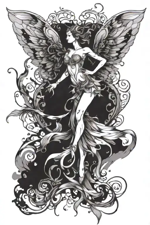 ethereal abstract fairy standing on tip toes. wings extended about to fly with her back facing us tattoo design idea
