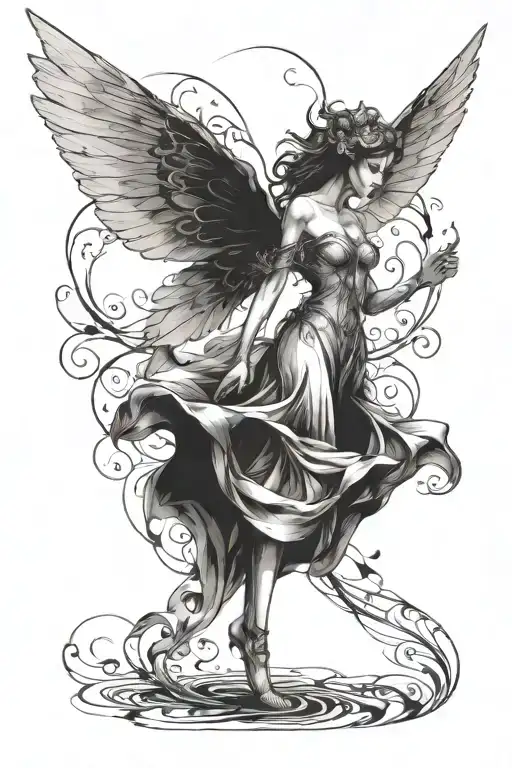 ethereal elegant abstract fairy standing on tip toes. wings extended about to fly with her back facing us tattoo design idea