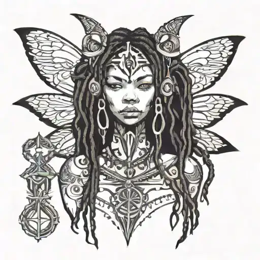 a black fairy with dreadlocks with an ankh symbol and tribal tattoos in backgrown tattoo design idea