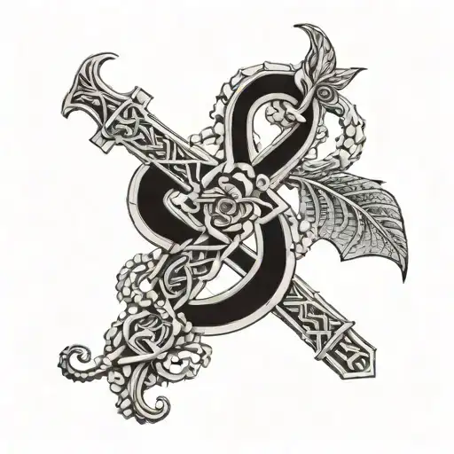 A detailed blackwork tattoo of a dried snap dragon intertwined with the ankh key of life, framed elegantly for knee placement tattoo design idea