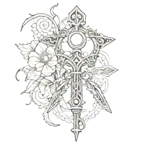 A sketch-style tattoo of a dried snap dragon and the ankh key of life, framed in a unique and artistic way for knee placement tattoo design idea
