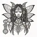a black fairy with dreadlocks with an ankh symbol and tribal tattoos in backgrown tattoo design idea