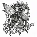 a black fairy with dreadlocks with an ankh symbol and tribal tattoos in backgrown tattoo design idea