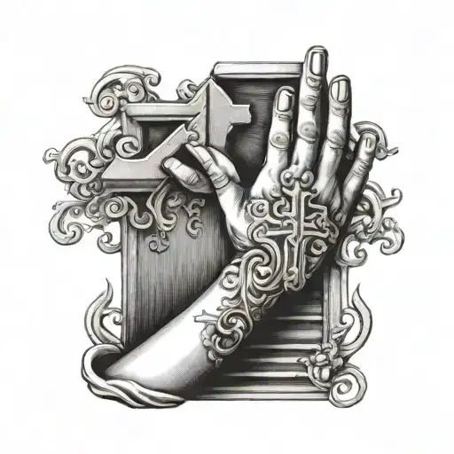 prayer hands cross stairway leading tattoo design idea