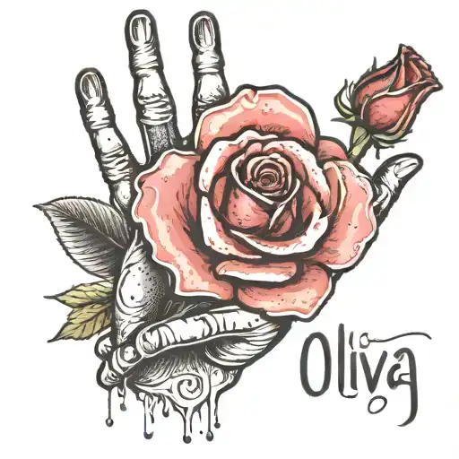 baby handprint with time of birth of 9.30pm, a rose flower and the name Olivia Rose all in the tattoo tattoo design idea