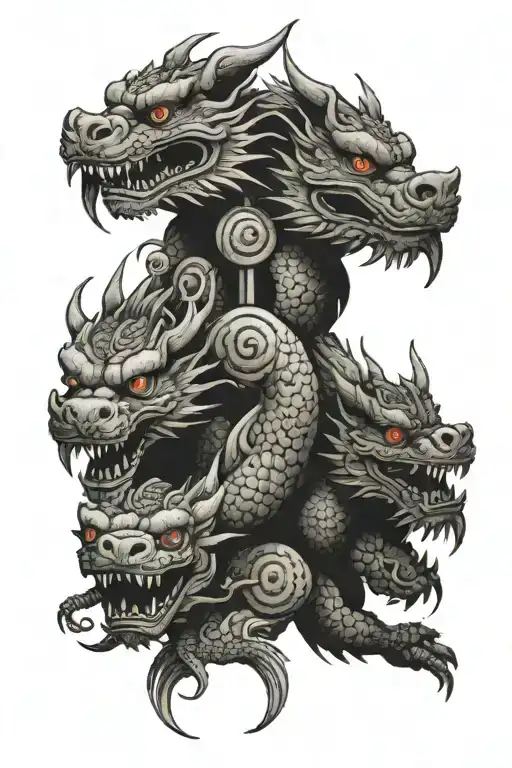 Three dragons with one head as a microphone and one head as a camera on chest and bicep  tattoo design idea
