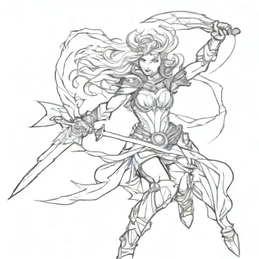 A fierce Valkyrie warrior wielding a sword, with lightning striking in the background tattoo design idea