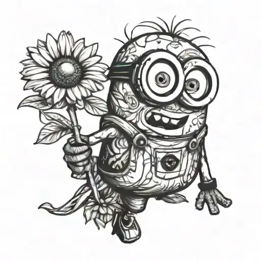 minion holding daisy flower in hand tattoo design idea