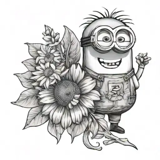 minion holding daisy flower in hand tattoo design idea