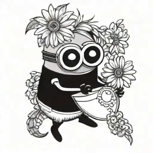 minion with daisy flower in hand holding tattoo design idea