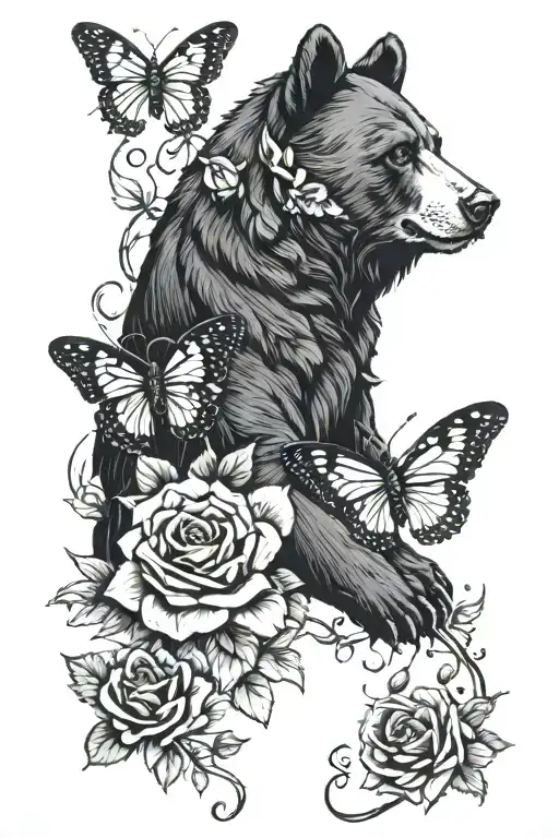 black bear roses Cross butterfly  tattoo design idea