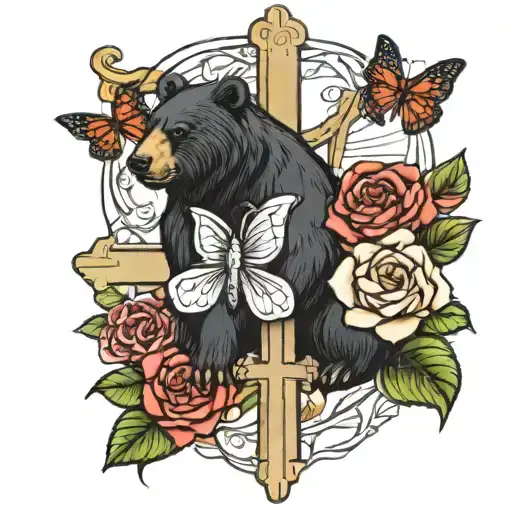 black bear roses butterfly Jesus cross tattoo tattoo design idea