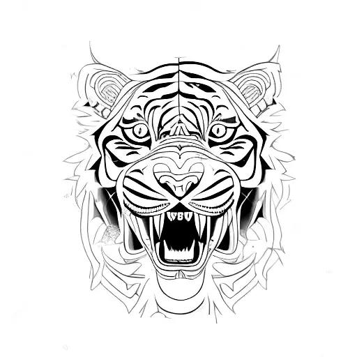 fine line tatoo design of a tiger with a sword in his mouth with blue fire  tattoo design idea