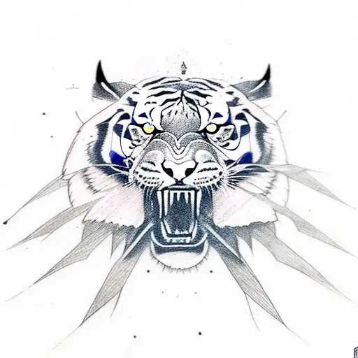 fine line tatoo design of a tiger with a sword in his mouth with blue fire  tattoo design idea