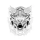 fine line tatoo design of a tiger with a sword in his mouth with blue fire  tattoo design idea