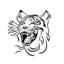 fine line tatoo design of a tiger with a sword in his mouth with blue fire  tattoo design idea
