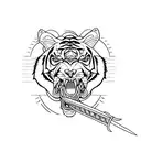 fine line tatoo design of a tiger with a sword in his mouth with blue fire  tattoo design idea