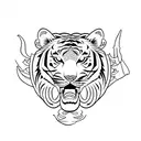 fine line tatoo design of a tiger with a sword in his mouth with blue fire  tattoo design idea