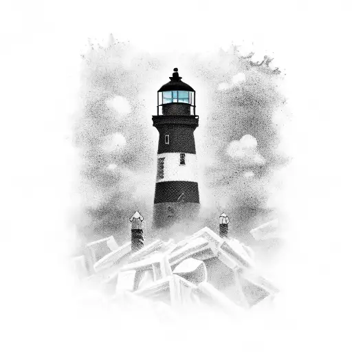A post-apocalyptic scene with a lighthouse guiding survivors through the chaos tattoo design idea