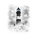 A post-apocalyptic scene with a lighthouse guiding survivors through the chaos tattoo design idea