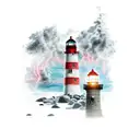A post-apocalyptic scene with a lighthouse guiding survivors through the chaos tattoo design idea