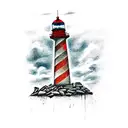 A post-apocalyptic scene with a lighthouse guiding survivors through the chaos tattoo design idea