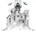 A post-apocalyptic scene with a lighthouse guiding survivors through the chaos tattoo design idea
