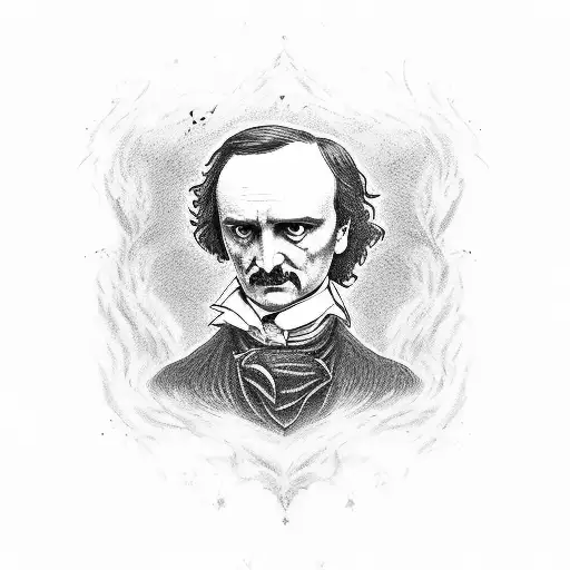 Edgar Allan Poe, a crow, a red heart, graveyards, nevermore on his forehead tattoo design idea