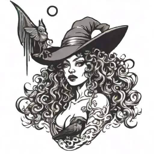 Curly haired witch tattoo design idea