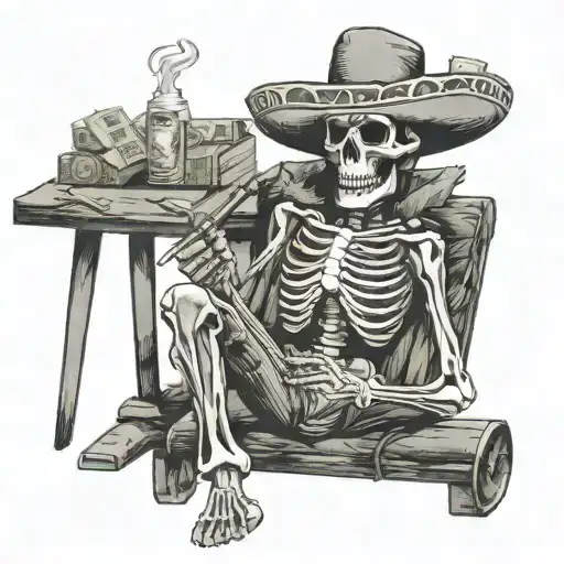 Mexican Skeleton smoking a cigarette with a pistol in his hand sitting down in front of a desk with stacks of cash on it tattoo design idea