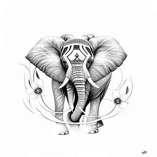 elephant with Flower tattoo design idea