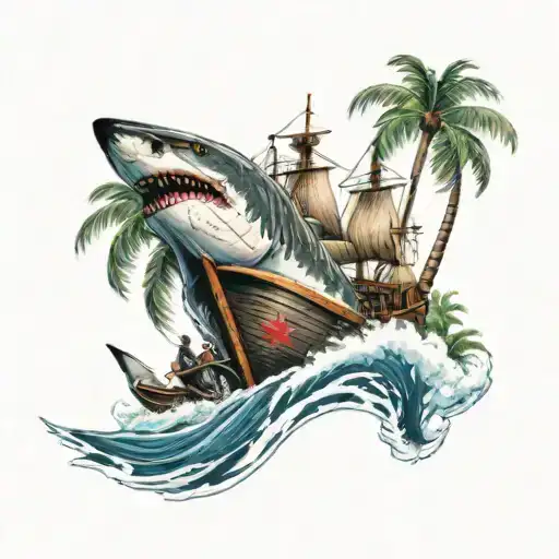 A boat with a pirate flag sailing towards a palm tree-lined island with a great white shark underwater tattoo design idea