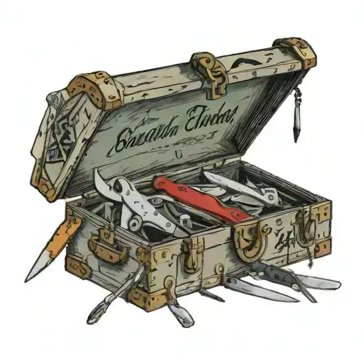 a vintage trunk open filled with knives machetes straight razors with a banner that says what a beautiful thing  tattoo design idea
