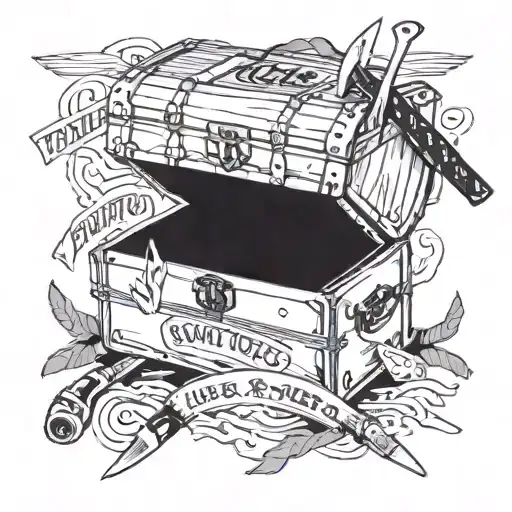 a vintage trunk open filled with knives machetes straight razors with a banner that says what a beautiful thing  tattoo design idea