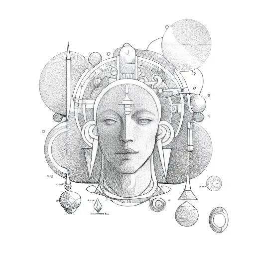 A detailed sketch of a balanced scale representing Libra, surrounded by elements of Taurus, Aquarius, and Virgo tattoo design idea