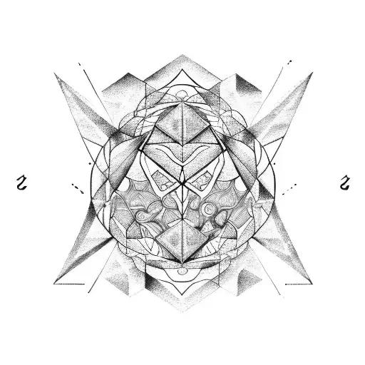 A geometric design incorporating the zodiac symbols of Libra, Taurus, Aquarius, and Virgo in dotwork style tattoo design idea
