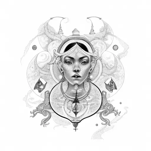 A beautiful black and grey portrait of a woman representing the zodiac signs of Libra, Taurus, Aquarius, and Virgo tattoo design idea