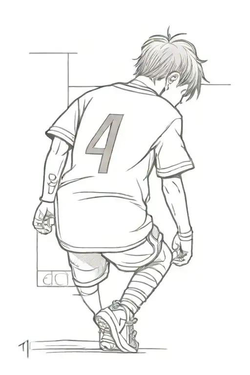 a kid whith shirt number 14, he is facing away and in backround there is a goal tattoo design idea