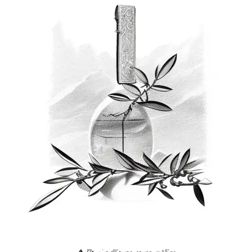 A bible verse written in a sketch style font, with two olive branches wrapping around it tattoo design idea