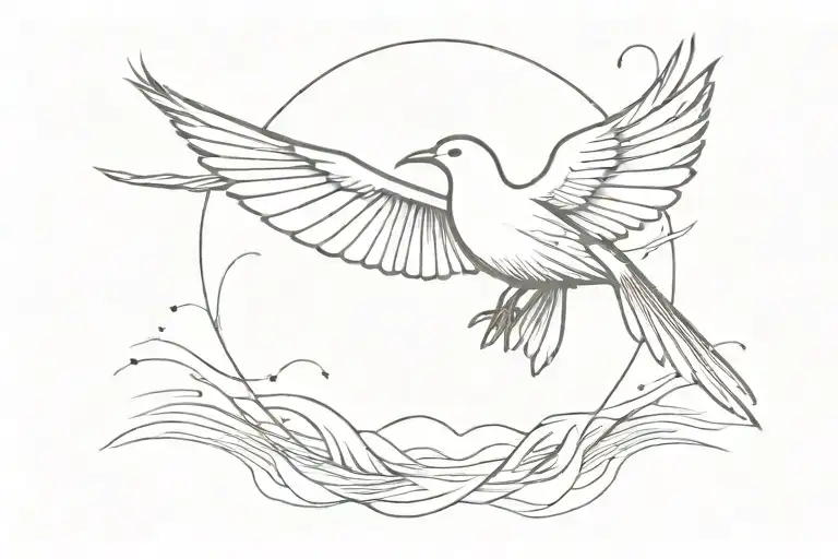 symmetrical minimalistic bird flying perspective above, wind blowing, water below tattoo design idea